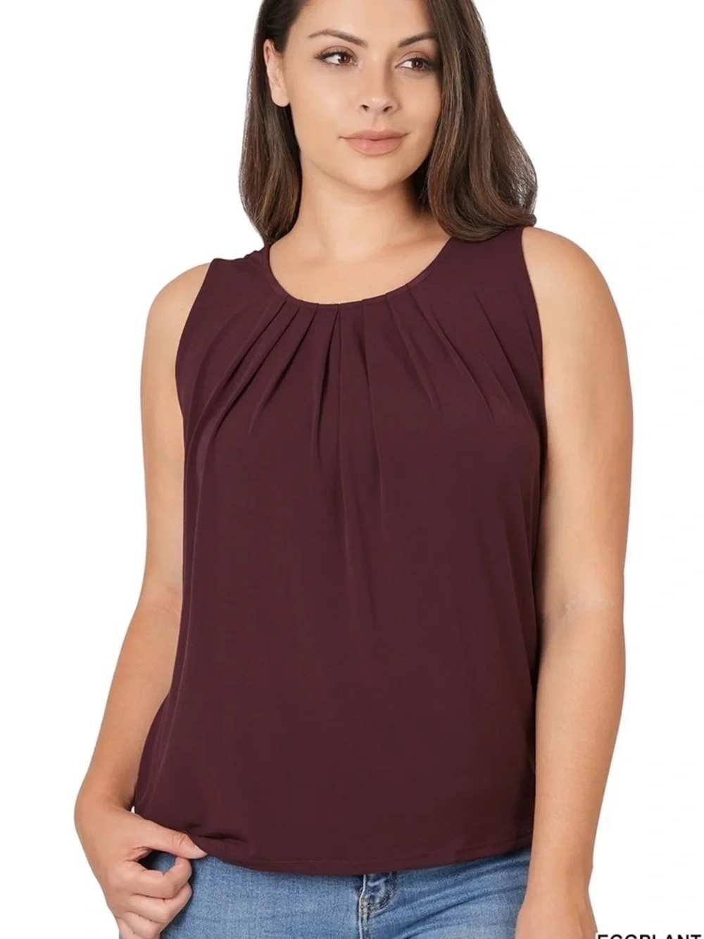 Sleeveless Pleated Shell Top - Eggplant - Picture 2 of 3